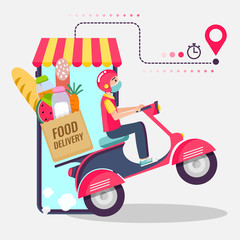 Online delivery service , online order tracking, delivery home and office. Scooter delivery. Shipping. Man on the bike with mask. Vector illustration