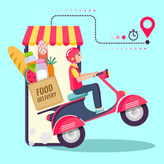 Online delivery service , online order tracking, delivery home and office. Scooter delivery. Shipping. Man on the bike. Vector illustration