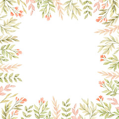 Watercolor botanical frame with cute flowers, branches, green leaves. Greenery and Field red flowers. Floral design elements. Perfect for  invitations, cards, frames, posters, packing