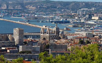 Aerial panoramic view of Major cathedral and houses in Marseille, France