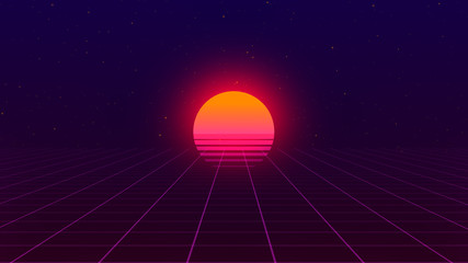Retro background. 80s style. Futuristic retro horizon landscape with sun and neon light grid. 3D-rendering. 