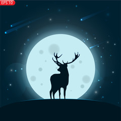 Silhouette of a deer with moonlight and stars.