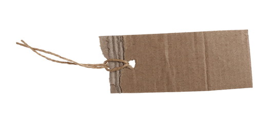 Blank and empty cardboard price tag tied with string isolated on white background with clipping path