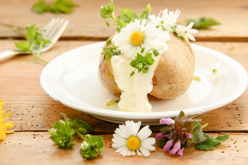 Ofenkartoffel Kartoffel gebacken gefüllt mit Quark Kräutern Wildkräuter essbare Blüten Blätter