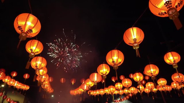 Panning firework display at Goddess of Mercy Temple during chinese new year.