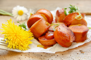 Portion Curry Wurst Currywurst Tisch Brett