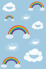 Cute cartoon Clouds wearing medical face mask and Rainbow flying on blue sky background. Illustration for kids boy and girl,Social distancing, Social media campaign for coronavirus prevention concept