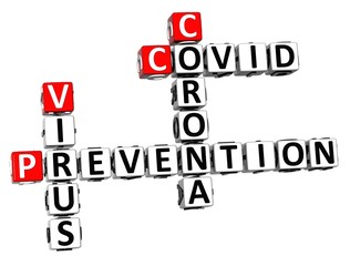 Prevention Coronavirus COVID-19. 3D red-white crossword puzzle on white background. Corona Virus Creative Words.