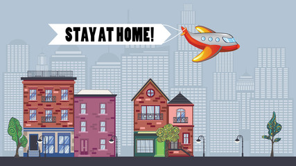 Airplane with stay at home banner over town