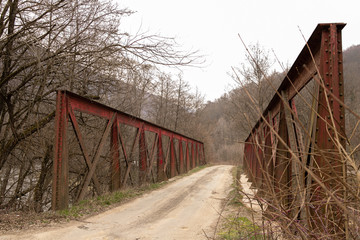 A metal (iron) red vintage rustic bridge in a forest early in the spring