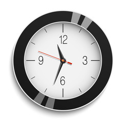 Round wall clock with black glossy body isolated on white background