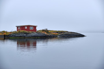 Obraz premium Small Norwegian cottage on the shore of the Oslo fjord on a grey, foggy autumn morning