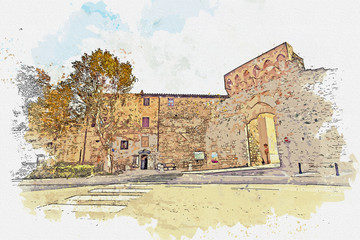 Watercolor drawing color picture of San gimignano hamous world herritage site at Italy. - obrazy, fototapety, plakaty