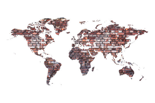 Grunge background from old cracked bricks in the shape of a world map. Loft style.