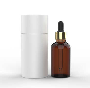 Blank dropper bottle with paper tube packaging for branding, 3d render illustration.