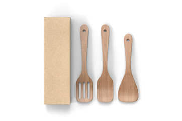 Wooden Spatula Utensils Set for Kitchen With Paper Box Packaging, 3d render illustration.