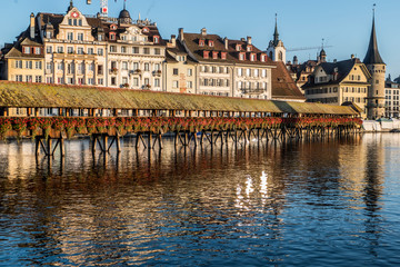 Fototapeta premium Lucerne reflected in the water in a sunny day