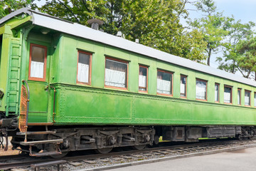 Fototapeta na wymiar Government train of Joseph Stalin, railway green passenger vip car