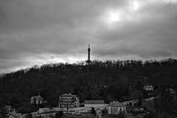 Panoramic view of the Petrin Tower on the hill (Prague, Czech Republic, Europe)