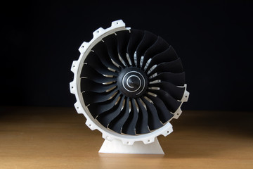 3d printed jet engine scale model. High bypass aircraft turbofan