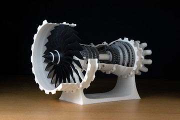 3d printed jet engine scale model. High bypass aircraft turbofan
