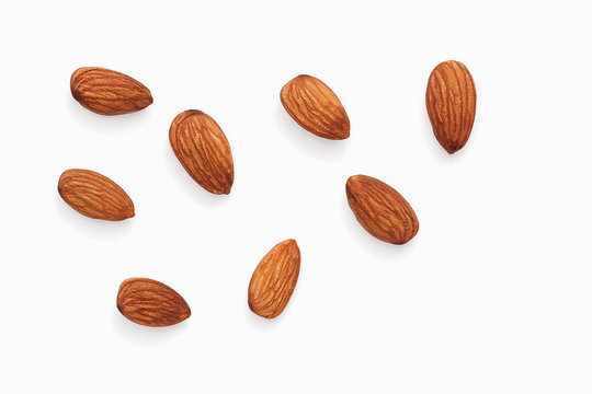 Flat lay almond nut Isolated on a white background. View from above.