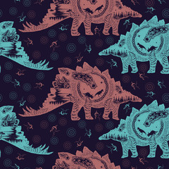 Stegosaurus double exposure. Seamless pattern. Packing old paper, scrapbooking style. Vintage background. Medieval manuscript, engraving art. Comet has destroyed dinosaurs. Symbol of prehistoric