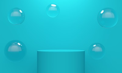 Cylindrical podium and glass balls on a blue background. Minimalist backdrop design for product promotion. 3d rendering