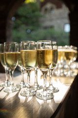 full glasses of champagne on the festive table