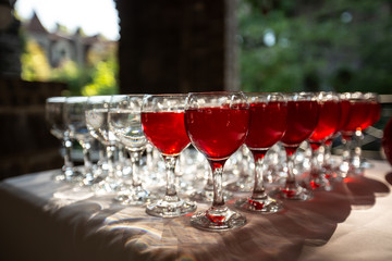full glasses of champagne on the festive table
