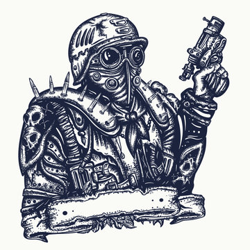 Post apocalypse. Futuristic warrior with weapon in hand. Soldier in gas mask. Doomsday, survival people. Post apocalyptic future. Game art. Nuclear war human. Dark crime future. Tattoo, print design