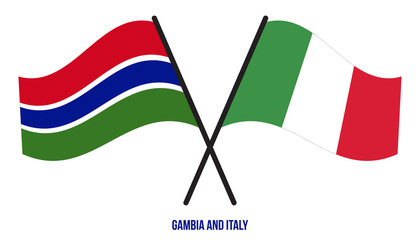 Gambia and Italy Flags Crossed And Waving Flat Style. Official Proportion. Correct Colors