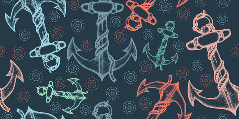 Ships anchor and rope. Seamless pattern. Packing old paper, scrapbooking style. Vintage background. Medieval manuscript, engraving art. Sea adventure concept