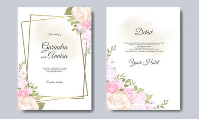 Beautiful wedding invitation card template set with floral and leaves frame Premium Vector