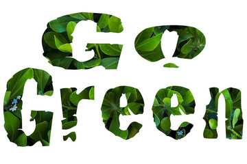 'Go Green' bold text filled in with green leaf coastal plants blossoming white flowers.