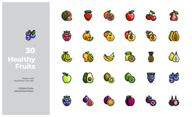 Fototapeta na wymiar Vector Color Line Icons Set of Fruits Icon. Editable Stroke. Design for Website, Mobile App and Printable Material. Easy to Edit & Customize.