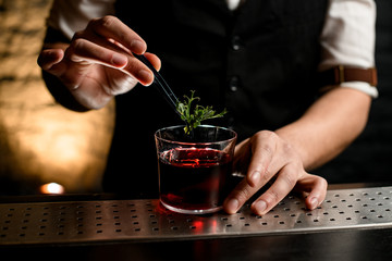 Close-up of glass with drink which bartender decorating with green plant.