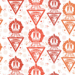 Flying-up spaceship and astronaut woman. Seamless pattern. Packing old paper, scrapbooking style. Vintage background. Medieval manuscript, engraving art. Space concept