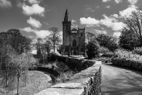 black and white image of Dunfermline abbey from pittencrieff pak, Dunfermline, fife, Scotland.