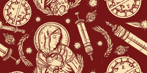 Coronavirus seamless pattern. Stop epidemic art. Old school tattoo style. COVID-19 (2019-nCoV). Nurse doctor, syringe, virus. Vaccination, combating the world pandemic
