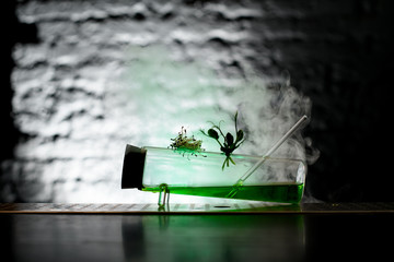 close-up of designer glass flask with green liquid inside and decorates with plants