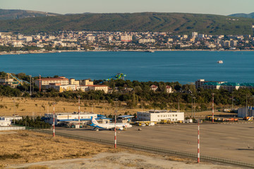 Fototapeta na wymiar The view of the airport of Gelendzhik from a height of bird flight.