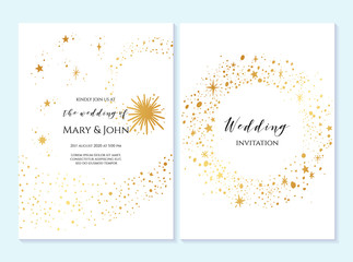 Rustic elegant wedding invitation template with gold stars. Design layout for menu, greeting card, flyer, beauty, anniversary, baby shower, bridal boho element.
