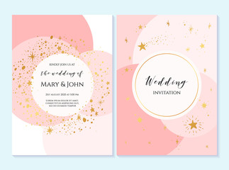 Rustic elegant wedding invitation template with gold stars. Design layout for menu, greeting card, flyer, beauty, anniversary, baby shower, bridal boho element.