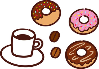 コーヒーとコーヒー豆とドーナツ