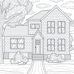 American house with a tree nearby.Coloring book antistress for children and adults. Illustration isolated on white background. Outline style.