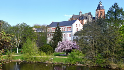 Fototapeta na wymiar Park am Ufer der Lahn mit Wetzlarer Dom im Hintergrund
