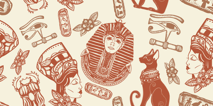 Ancient Egypt seamless pattern. Pharaoh, black cats,  Egyptian queen, sacred scarab. Old history background