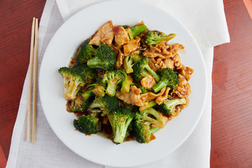 A delicious classic Chinese stir fry of chicken and broccoli 
