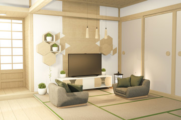 Tv cabinet in tropical empty room Japanese - zen style,minimal designs. 3D rendering